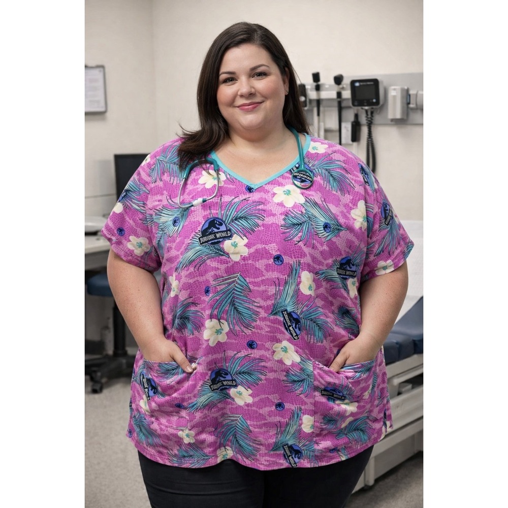 Ladies Jurassic World 3XL Scrub Top Dinosaur Flower V Neck With Pockets